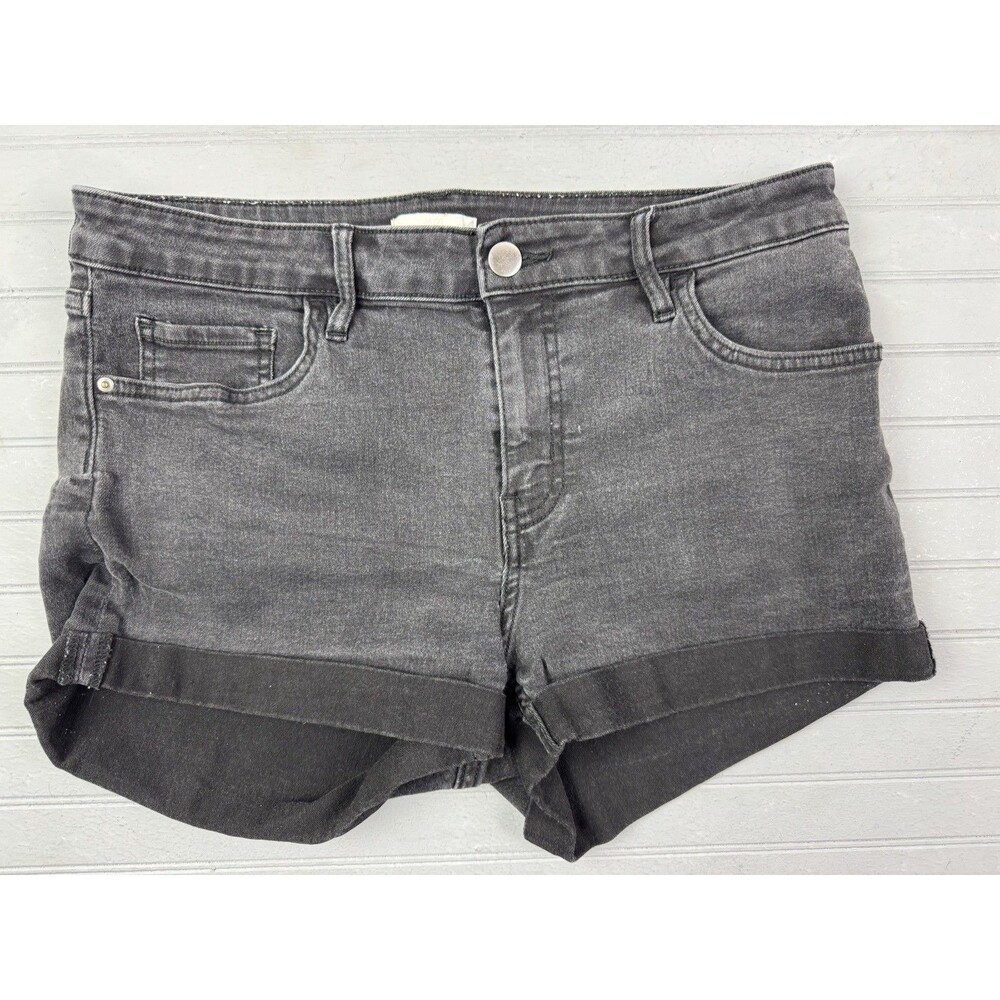 H&M Size 8 Womens Shorts Black Denim Jeans Med Rise Cuff Hem Stretch